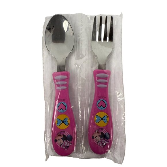 ZAK DESIGNS Minnie Mouse Pink Stainless Silverware Fork & Spoon Set New - Picture 1 of 5